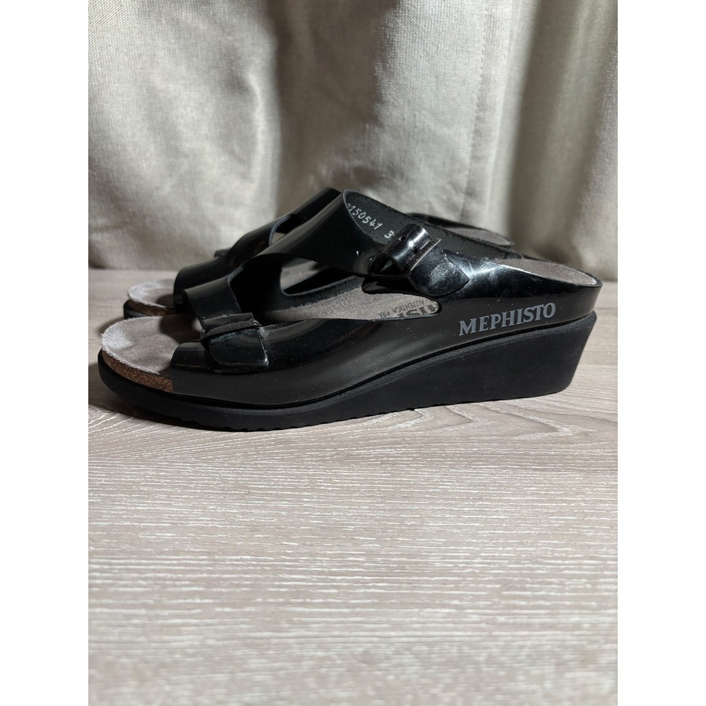 Mephisto Womens 6 Black Patent Leather Wedge Sandals Buckle Straps France Whimsy - Picture 2 of 11
